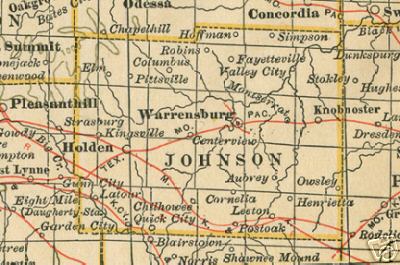 Early map of Johnson County, Missouri including Warrensburg, Knobknoster, Columbus, Chilhowee, Holden, Kingsville, Montserrat